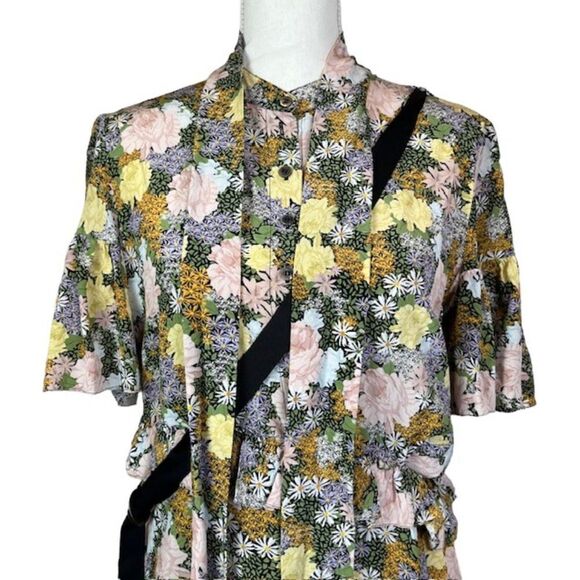 Rokh Silk Split Floral Frill Dress Ruffle Strap Pink Yellow Blue Women's Size 10 - Picture 5 of 16